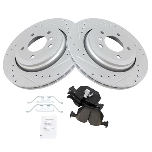 Image of TRQ Performance Rear Brake Pad and Rotor Set Ceramic Drilled Slotted Coated Rotors Compatible with 2001-2006 BMW 330Ci 2001-2005 330i 330xi