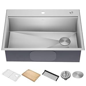 KRAUS Kore 30-Inch Drop In/Top Mount Workstation 16 Gauge Single Bowl Stainless Steel Kitchen Sink with Accessories, KWT310-30