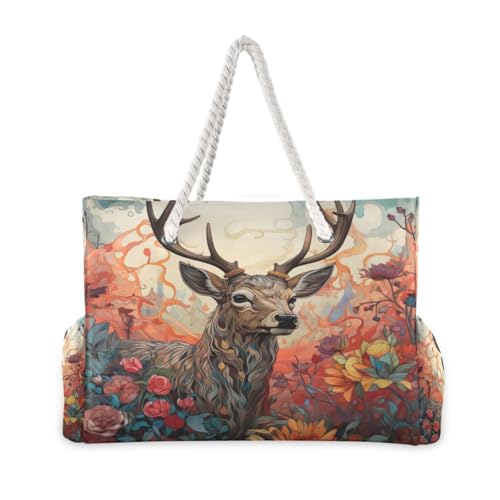 Beautiful Deer and Flower Beach Bag & Travel Tote Bag Large Sandproof with Zipper Closure, Wet Pouch for Swim Gym Travel, Lightweight Foldable Outdoor Bag2