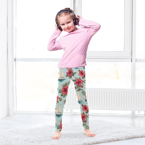 Red Hibiscus Flower Boat Girls Leggings Soft Stretch Workout Yoga Dance Pants for Kids Casual Tights4