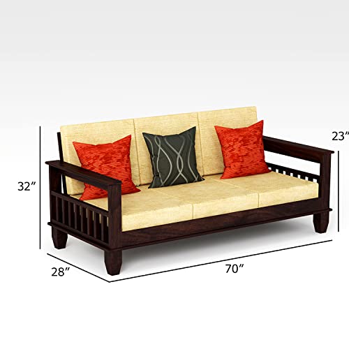 Image of Solid Sheesham Teak Wood Wooden Sofa Set 5 Seater Home Furniture Living Room | (Wooden Sofa Set 3+1+1) |Teak Wood Furniture | Sofa Set 5 Seater | Without Pillow | Cream Cushions