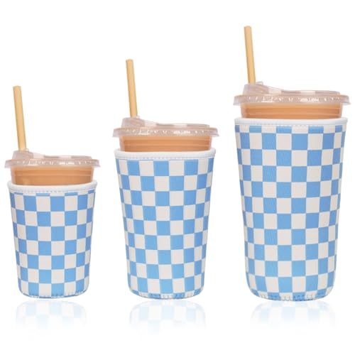 Image of Reusable Insulated Neoprene Iced Coffee Cup Sleeve, Durable Drink Sleeve for Cold Beverages, Beverage Holder for Iced Coffee (Blue Grid)