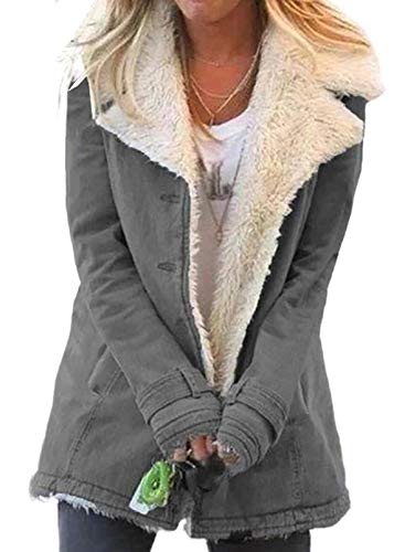Sidefeel Women Denim Faux Fur Long Sleeve Lapel Collar Oversized Winter Coat Outwear Large Gray