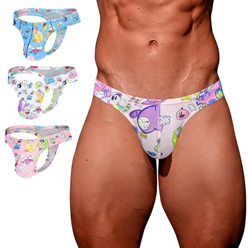 Cute Cartoon Thongs High Cross Men's G String Sexy Low Rise Graffiti Print Underwear