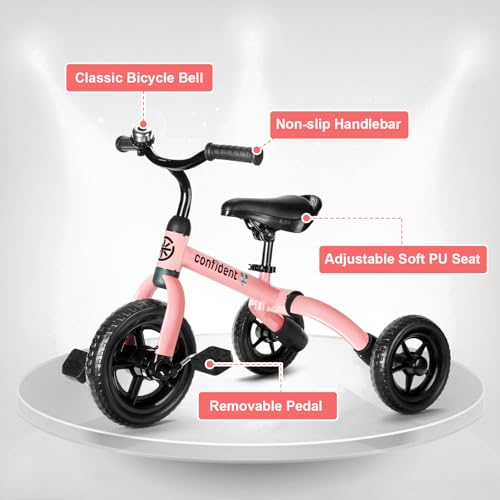 Ancaixin 3 in 1 Toddler Tricycles for 2-5 Years Old Boys and Girls with Detachable Pedal and Bell, Foldable Baby Balance Bike Riding Toys for 2+ Kids, Child Birthday Christmas New Year Gift Pink
