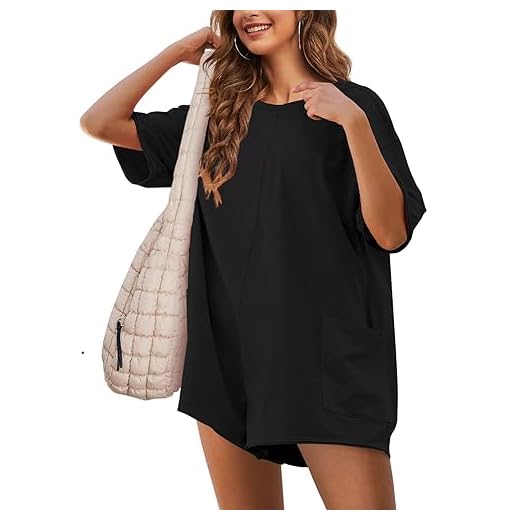 Yeokou Rompers for Women Casual Short Sleeve Oversized Athletic Workout Reversible Hot Shot Tee Romper Deep Pockets(Black-M)