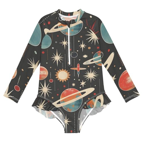 Girls One Piece Swimsuits Long Sleeve Swimsuit Zipper Bathing Suits Retro Planets Rockets Space