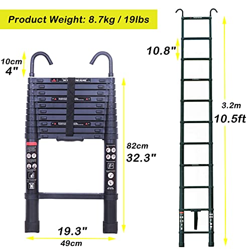 Telescoping Ladder 10.5Ft Black Aluminum Step Ladder Portable Extension Folding Ladder With Detachable Hooks, Folded Height 2.7Ft Space Saving, 330Lbs Load Capacity, For Home, Rv, Office #TOP1