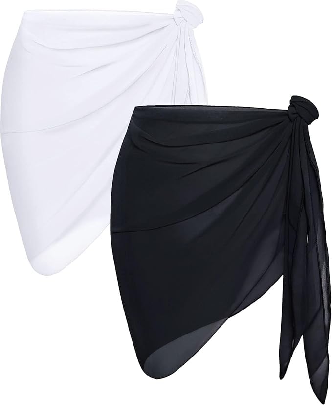 JFAN Traje de Baño para Mujer Bikini Cubierta Falda de Chifón Pareo de Playa Piscina Vacaciones Blanco+Negro