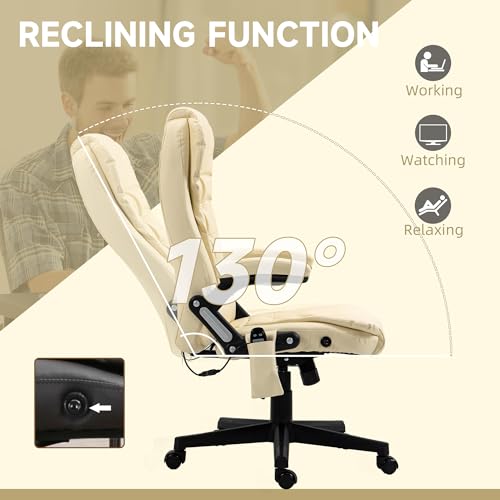 Image of HOMCOM High Back Vibration Massage Office Chair with 6 Vibration Points, Heated Reclining PU Leather Computer Chair with Armrest and Remote, Beige