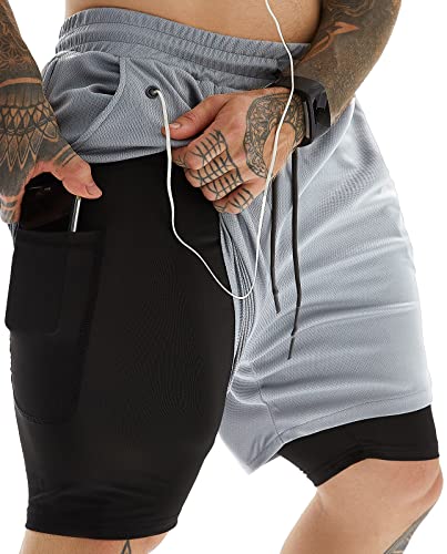 Image of JWJ Men's 2 in 1 Workout Running Shorts 7 Inch Lightweight Athletic Gym Shorts with Compression Liner