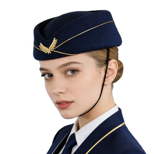 Beisto Flight Attendant Hat for Women Navy Blue Stewardess Hat Pillbox Hats Beret with Chin Strap Airline Uniform Costume Accessory Halloween Cosplay Party Costume Accessories Photo Prop for Ladies
