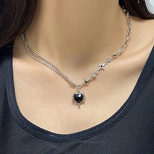 TseenYi Collar Cristal Negro Corazón Amor Corazón Colgante Collar Plata Cz Collar Estrellas Brillo Collar Cadena Cristal Gema Punk Capas Collar Cadena Joyería Para Mujeres Y Niñas Regalos