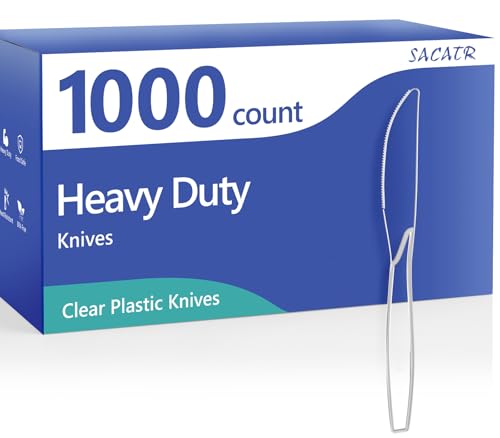 SACATR 1000 Count Heavy Duty Plastic Knives Disposable, BPA-Free Clear Plastic Knives Bulk – Extra Thick, Heat Resistant, for Catering, Parties, Events