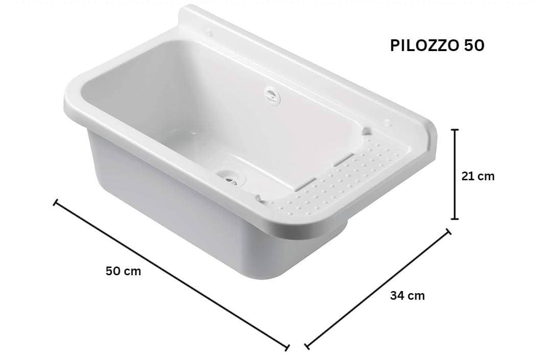 Negrari Pilozzo Évier mural en résine, résistant aux acides d'usage courant, résistant à l'humidité, kit de vidage inclus, intérieur et extérieur, L 50 x P 34 x H 21 cm, blanc