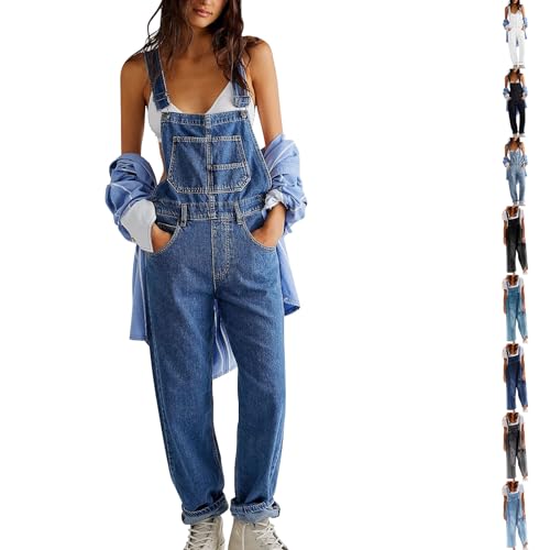 Image of Angxiwan Jumpsuits for Women UK Denim Dungarees for Women UK Casual Adjustable Straps Denim Jumpsuit with Pockets Classic Sleeveless Wide Leg Jeans Overalls Jumpsuits Boho Jumpsuit