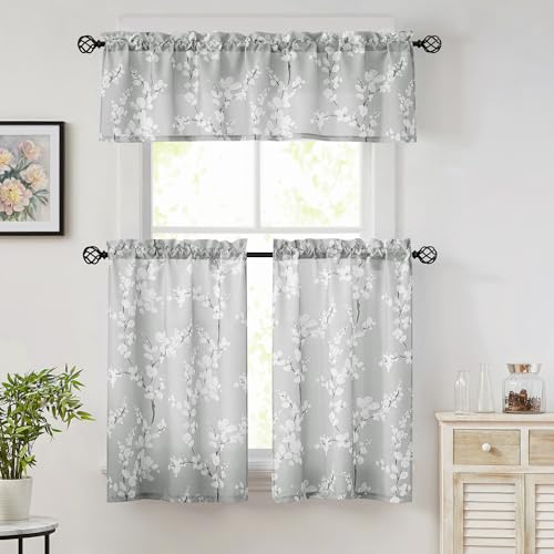 Image of FMFUNCTEX Gray-White Kitchen Valance Curtain 15-inches Length Blossom Print Canvas Window Curtain Valance for Cafe Floral Botanical Pattern Window Top Curtain Rod Pocket 1 Pack