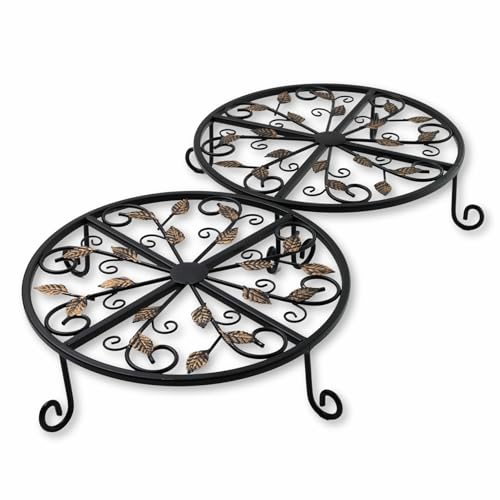 Maypes Metal Plant Stand, 12-Inch Round Planter Stands with Decorative Leaf Design, Rust-Resistant Iron Flower Pot Holder for Indoor & Outdoor Use, Black, 2-Pack