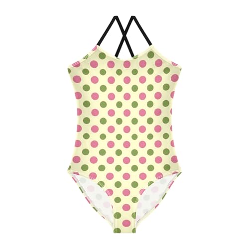 senya Girls Swimsuits One-Piece Swimwear Tie Bathing Suit Beach Summer Round Neck 4T Yellow Background Pink and Green Polka Dots Pattern
