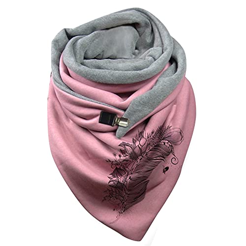Écharpe Triangle Femme Chaud Automne Hiver Foulard En Coton à Boucle Imprimé Plume Châle à Boutons Multi-usages Mode Vintage Scarf Comfortable Doux Wrap Décontracté, Rose Et Gris