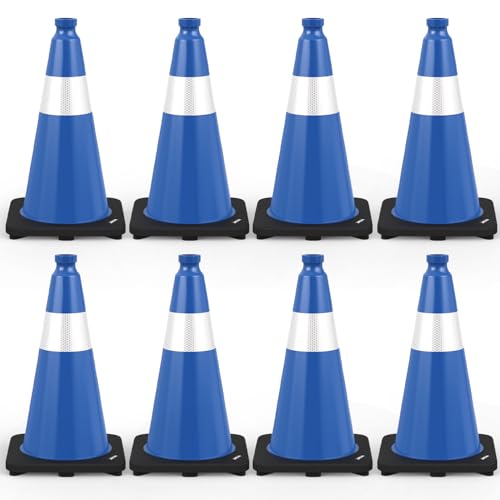 BATTIFE 8 Pack 18 Inch Traffic Cones PVC Blue Cone Black Weighted Base