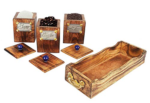 Image of HS ART Wooden Table Top Large 3 Container Canister Set with Tray and Lid for Tea Coffee Sugar container 600 ml