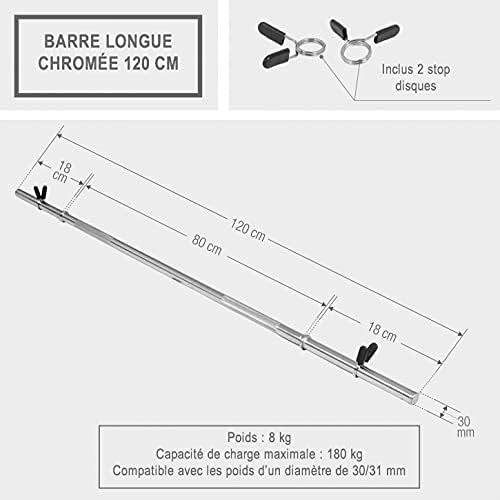 GORILLA SPORTS® Barbell Bar - 120cm/47 Inch, Straight, for 1" Weight Plates, Max. Load 180kg, incl. Spring Collars, Anti-Slip, Knurled Handles, Chrome - Weight Lifting, Standard Bar, Strength Training