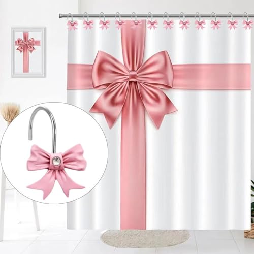 12 Pcs Bow Pink Shower Curtain Hooks,3.15in*1.57in,Suitable for Straight or Curved Rod of 22-30mm (0.8"-1.1") Diameter,Stylish and DurableStainless Steel Pink Bow Shower Curtain Hooks