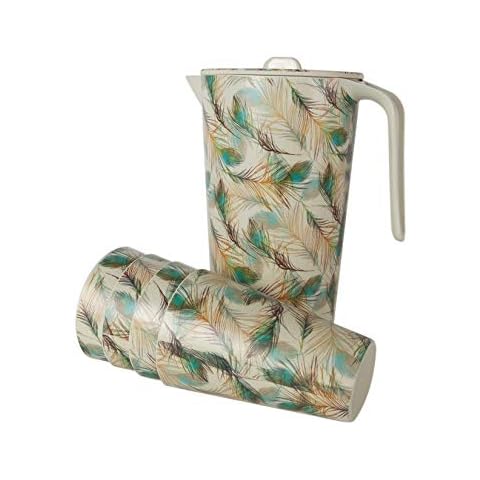 FUN LAVIE Water Pitcher with lid And 4 Cups Bamboo Fibre Drinking Set Feather Pattern For Indoor and Outdoor Cover