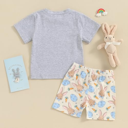 Image of BeQeuewll Toddler Baby Boy Easter Outfit Letter Bunny Print Short Sleeve T-Shirt and Shorts Summer Clothes Set