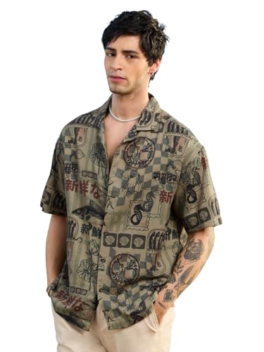 Image of The Souled Store Harbour Heritage Men and Boys Short Sleeve Cuban Collar Green All Over Print Summer Ready Streetwear Casual Cotton Oversized Shirt