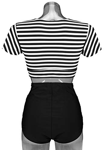 COCOSHIP Black & White Striped Women's High Waist Ruched Bikini Set Tie Front Short Sleeve Top Ruffle Straps Bath Swimwear 163
