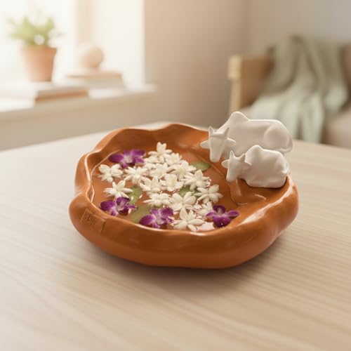 Image of eCraftIndia Pair of Cow Statue Urli Bowl for Home Decoration Office Tv Unit (Resin Orange) Showpiece for Good Luck | Urli for Floating Candles Flowers for Pooja Room Entryway Living Room Diwali Gift