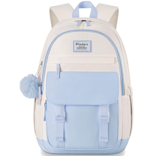 Image of WINDARS School Backpack for Teen Girls, Cute College Backpacks for Women Students Aesthetic Bookbag Large 15.6 Inch Laptop Bag Middle School Travel Back Pack (Blue Beige)
