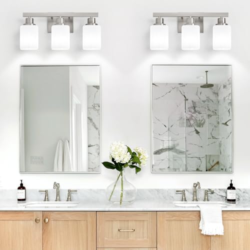 Image of 3-Light Bathroom Vanity Light,Brushed Nickel Vanity Lights with Square Frosted Glass,Modern Bathroom Wall Lights Fixtures Over Mirror,Wall Sconces Lighting for Bedroom Living Room,E26