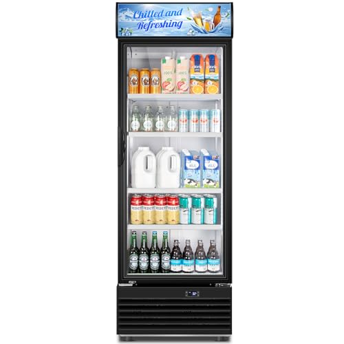 Image of Tylza Commercial Refrigerator with Glass Door Display Beverage Fridge, 11.15 Cu Ft Upright Beverage Cooler Merchandiser with Replaceable Advertising Light Board, Rebound Door, Fast Cooling, Black