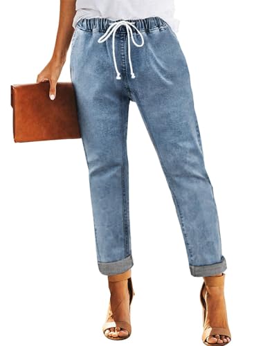 Sweezarmo Women's Pull On Solid Color Jeans Drawstring Elastic Waist Denim Stretch Joggers Blue Small