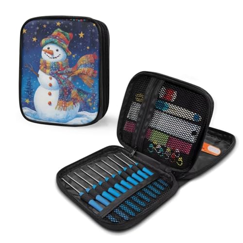 Image of Snowman Crochet Hook Case Portable Stars Knitting Needle Case with Web Pockets Crochet Storage Organizer for Trave