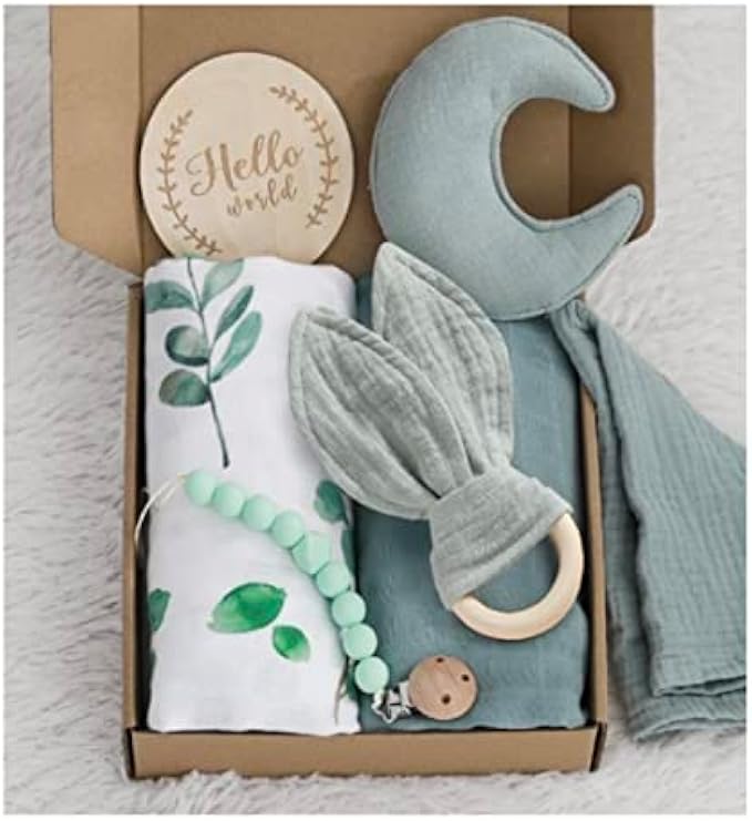Remi & Rhino Baby Gift Set Newborn Gift Swaddle Blanket Rattle Silicone Pacifier Clip boy Girl Neutral Baby Shower Giftset Gift Basket Baby Shower Hospital Giftset (Green)