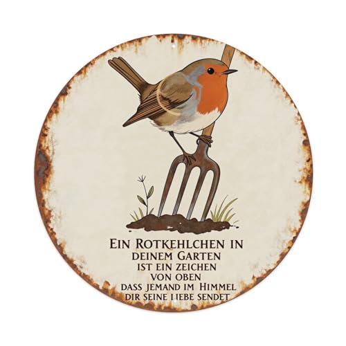 Rotkehlchen mit deutschem Zitat im Retro-Stil rundes Blechschild Vintage-Wanddekoration für Zuhause Bar Café Metallposter 20 3 x 20 3 cm
