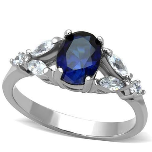 Oval Simulated Blue Sapphire & White Cubic Zirconia CZ Accented Engagement Ring, Hypoallergenic 316L Stainless Steel