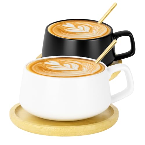 AOOTE Lot de 2 Tasses à Cappuccino avec soucoupe,320ml Ensemble Tasses à Expresso en Grès,set de tasses et soucoupes,tasses à café avec disque en bois pour café, cappuccino,thé(Noir et blanc)