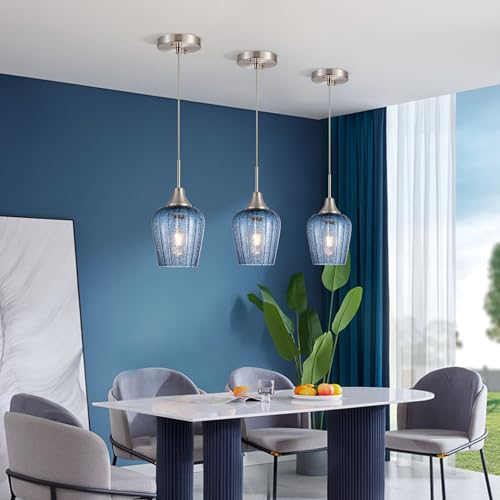 Image of Viinew Mini Glass Pendant Light,3-Pack Tulip Blue Glass Hanging Light