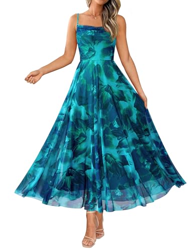 BTFBM Women Summer Floral Maxi Dresses Elegant Spaghetti Strap Dress Printed Party Dress Beach Long Dresses(Floral Lake Blue,XX-Large)