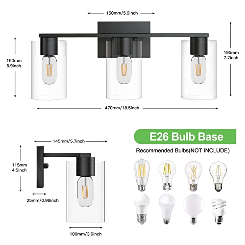 Image of WILON Vanity Light Bathroom, 3 Light Black Light Fixtures, Modern Vanity Light with Clear Glass Shade, E26 Base Lights Over Mirror, Vanity Lights for Bathroom Kitchen
