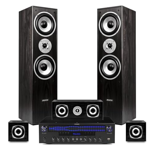 Fenton 5.0 Home Theatre Surround Sound System with Amplifier, Bluetooth, Optical TV Input, Mic & Karaoke, 1150W, Complete Hi-Fi Speaker Package, Cables Included, Black