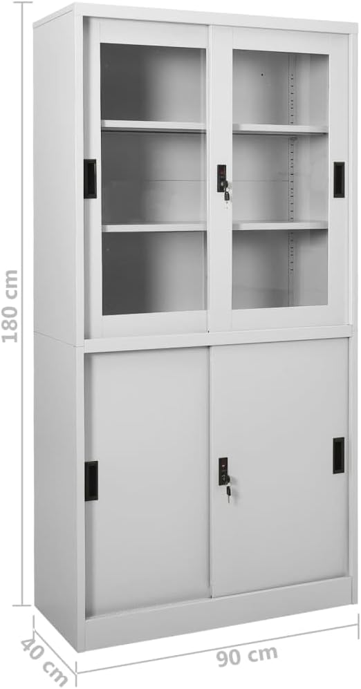 vidaXL Steel Office Cabinet with Adjustable Shelves and Locks, Light Gray - Large, Industrial Style, 35.4"x15.7"x70.9" Office Filing Cabinet with 4 Sliding Doors