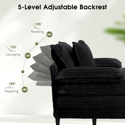 Image of WESTSETLUX 54.8 inch W Oversized Chaise Lounge Chair Indoor with 5-Position Adjustable Backrest, Corduroy Sleeper Sofa Bed with 3 Pillows, Modern Cloud Couch Chair for Living Room, Bedroom, Black