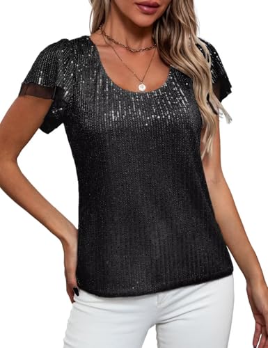 Traleubie Women's Sequin Tops Ruffle Sleeves Glitter Dressy Blouses Round Neck Sparkly Tops for Party, Evening, Cocktail3