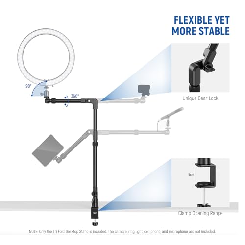 Image of NEEWER 45.5 inch Overhead Camera Desk Stand, Aluminum 4 Section Magic Mic Boom Arm with C Clamp Mount Holder, for Webcam LED Light Microphone Streaming Zoom Video Recording, Max Load 4.41lb, DS023